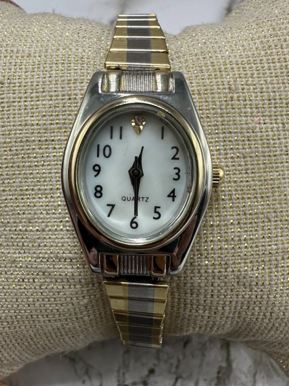 3/$30 Accutime Watch Women Silver Gold Oval Dial Stretch Band Works 6.5"